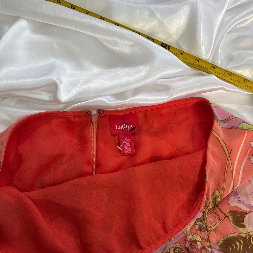 Latina Floral Ruched Ruffle Mini Skirt Coral Pink tropical Size 12 - Picture 4 of 6